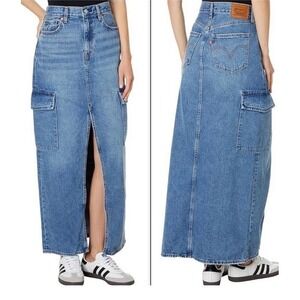 Levi's Premium Women's Ankle Column Denim Cargo‎ Skirt 25 Medium Wash Blue 90's